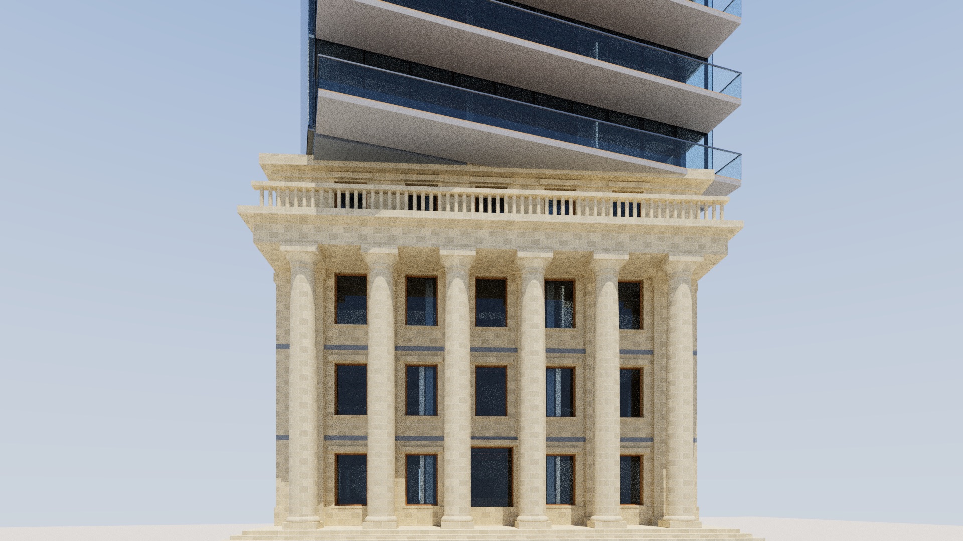 Image réaliste calculée par ABRH : le socle en pierre taillée et sa colonnade, vus depuis le trottoir.