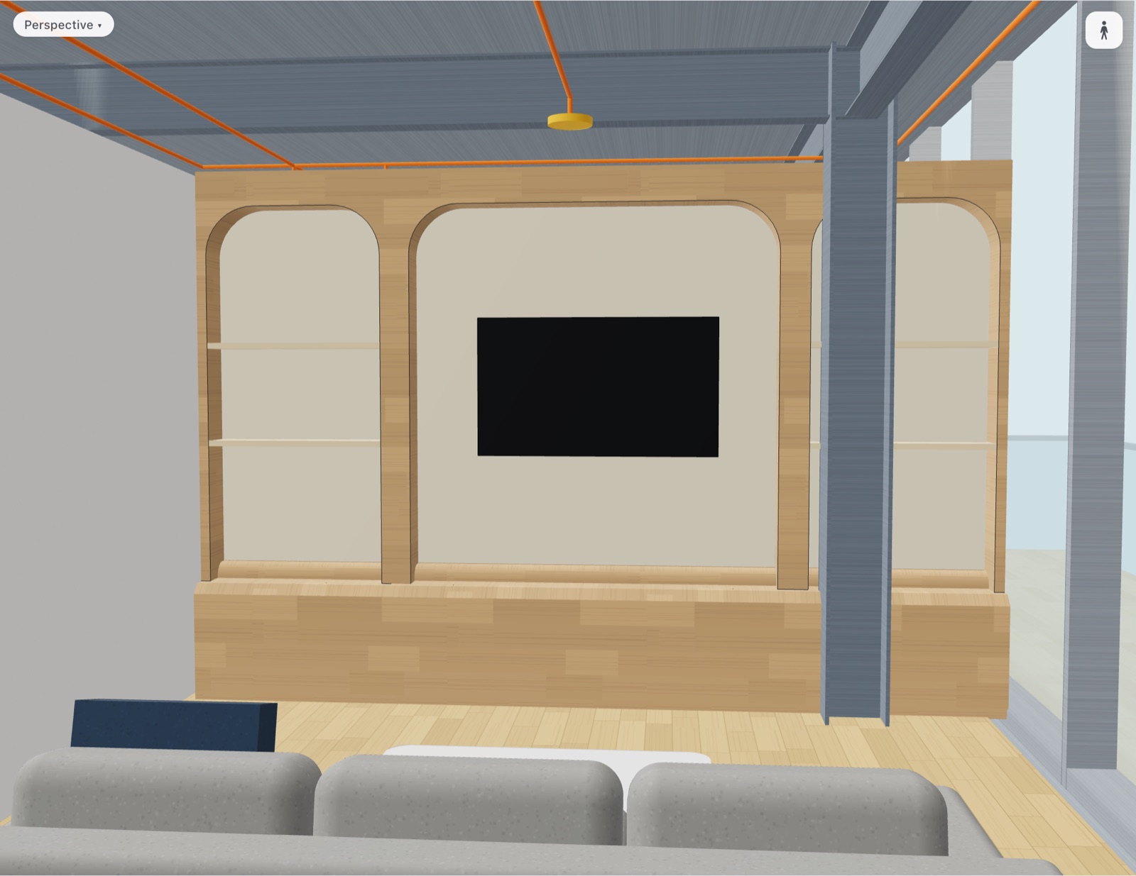 Menuiserie sur mesure du salon du dernier étage : grand meuble en bois à arcs qui couvre tout le mur, la télévision au centre.