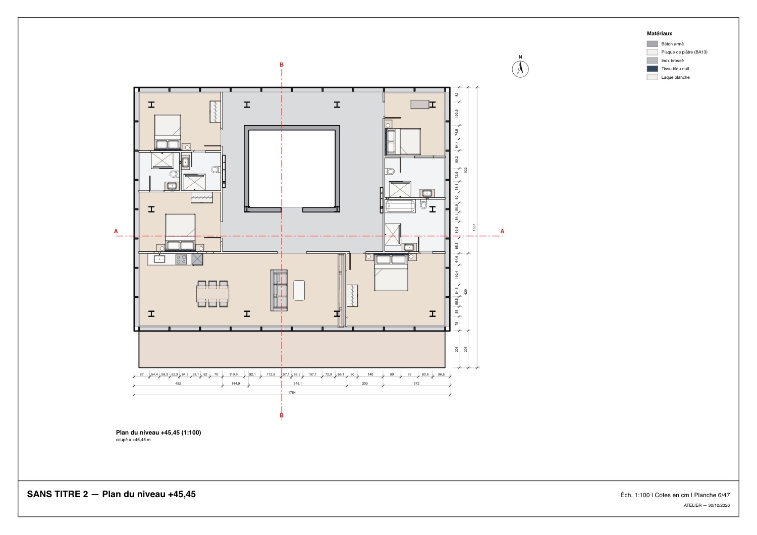 Plan du dernier étage généré : appartements, mobilier, cotes, repères de coupe.