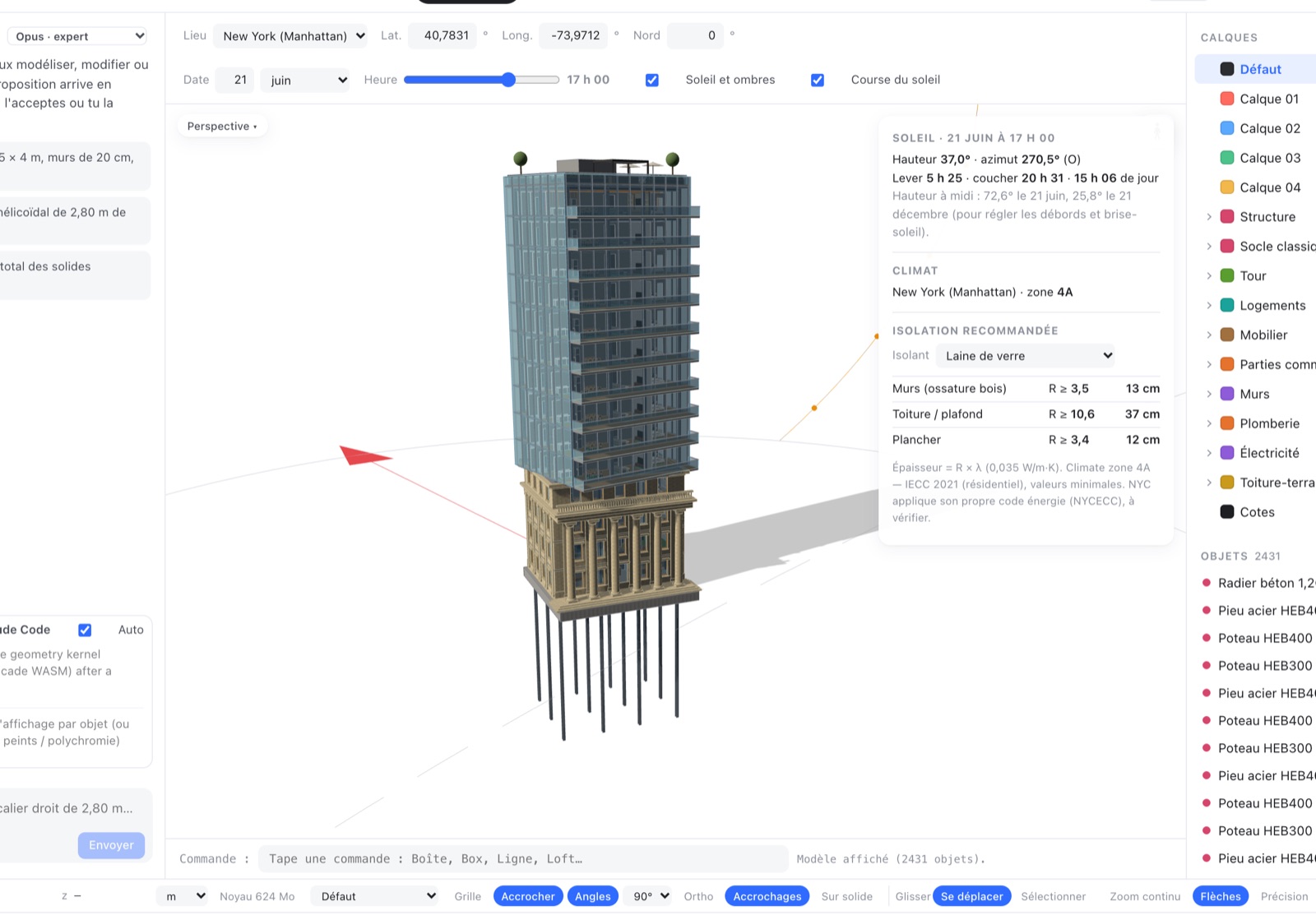 Étude de site à New York : course du soleil le 21 juin, ombres du bâtiment, zone climatique 4A et isolation recommandée.